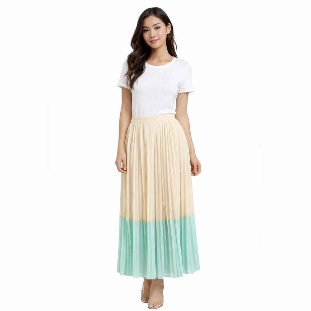 Forever 21 Pleated Maxi Skirt Medium Sheer Lined Cream Mint Colorblock Boho Chic